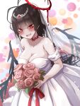  1girl alternate_costume antenna_hair black_hair blood_halo blue_archive blush bouquet breasts closed_mouth crown dress fang flower halo highres holding holding_bouquet komena_(shinyday312) large_breasts long_hair looking_at_viewer open_mouth pink_flower red_eyes red_halo skin_fang solo tsurugi_(blue_archive) veil wedding_dress white_dress 