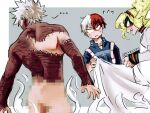  1girl 2boys artist_name blonde_hair boku_no_hero_academia border burn_scar censored character_request commentary completely_nude dabi_(boku_no_hero_academia) english_commentary eye_mask from_behind looking_at_another male_focus messy_hair mosaic_censoring multicolored_hair multiple_boys multiple_scars nude piercing ponytail red_hair scar scar_on_face sharl0ck split-color_hair stapled todoroki_shouto two-tone_hair white_border white_hair 