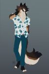  absurd_res blue_bottomwear blue_clothing blue_eyes blue_pants bottomwear brown_body brown_fur canid canine canis cinnamomo clothed clothing floral floral_clothing floral_pattern floral_print floral_shirt fur hand_behind_head hand_behind_neck hand_in_pocket hi_res looking_at_viewer male mammal mexican_wolf pants pockets shirt smile smirk solo standing topwear wolf 