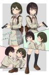  2girls anger_vein bag black_hair buttons cheek_poking cheek_pull closed_eyes double-breasted green_background green_hair grey_background grey_eyes gun handgun holding holding_bag holding_gun holding_weapon logo long_sleeves lycoris_recoil lycoris_uniform medium_hair multiple_girls neck_ribbon pink_background poking red_ribbon ribbon school_uniform simple_background smile tearing_up tears tohka_10days twitter_username uniform weapon 