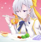  &gt;_&lt; 2girls anisphia_wynn_palettia blonde_hair blush chinese_commentary chopsticks closed_mouth coat commentary_request cup euphyllia_magenta food foodification grey_hair hair_ribbon hand_on_own_face highres holding holding_chopsticks lettuce long_hair long_sleeves looking_at_another medium_hair multiple_girls napkin open_mouth pink_background plate purple_eyes qqwan120 ribbon saucer shrimp shrimp_tempura smile sparkle teacup tempura tensei_oujo_to_tensai_reijou_no_mahou_kakumei tomato white_coat yellow_ribbon yuri 
