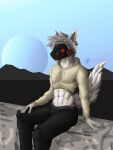 abs absurd_res anthro bottomwear clothed clothing crop_top cropped_hoodie fur girly glowing glowing_eyes hair hi_res hoodie legwear looking_at_viewer machine male muscular pants protogen shirt simple_background sitting smile solo tail teremunart topwear unknown_character visor white_body