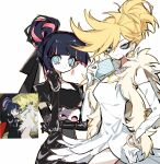  2girls black_dress blonde_hair blue_eyes colored_inner_hair commentary dress earrings highres jewelry looking_at_viewer multicolored_hair multiple_girls panty_&amp;_stocking_with_garterbelt panty_(psg) redrawn stocking_(psg) symbol-only_commentary two-tone_hair white_dress zuibuxiu 