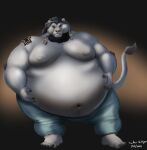 2020 5_fingers 5_toes anthro areola belly big_belly big_moobs biped black_hair bottomwear claws clothing denim denim_bottomwear denim_clothing feet felid finger_claws fingers fur hair huge_belly humanoid_feet jeans lion male mammal moobs navel nipples obese obese_anthro obese_male overweight overweight_anthro overweight_male pantherine pants paws plantigrade solo tail tail_tuft toe_claws toes tuft vhyena white_body white_fur