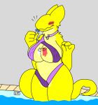 absurd_res anthro blush bodily_fluids breasts changed_(video_game) clarity_(fruityderg) clothing female fruityderg fur hi_res humanoid mammal pool simple_background swimwear tail thick_thighs unknown_species