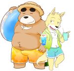 2024 anthro bear belly bottomwear brown_body canid canine canis clothing domestic_dog duo eyes_closed hat headgear headwear hoodie inu_to_kuma inuryu kemono male mammal moobs overweight overweight_male shorts simple_background straw_hat swimwear tachihana_mitsuba tomobiki_subaru topwear white_background