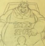 anonymous_character anthro belly big_belly clothing dragon duo eon54 european_mythology fangs frown hi_res horn human male mammal manager muscular mythological_creature mythological_scalie mythology overweight peter_hamilton scalie shirt size_difference teeth topwear western_dragon