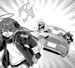  &gt;_&lt; animal_ears arknights car demon_girl demon_horns demon_tail detached_wings emphasis_lines energy_wings exusiai_(arknights) firing greyscale ground_vehicle gun halo highres holding holding_gun holding_weapon horns jacket kataokasan long_hair long_sleeves monochrome mostima_(arknights) motion_blur motor_vehicle open_clothes open_jacket running shaded_face short_hair short_shorts shorts tail texas_(arknights) unzipped weapon wings wolf_ears 