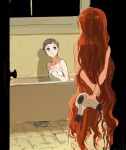  2girls arms_behind_back bare_shoulders bathtub brown_hair choroi_amachori drain_(object) eye_contact frill_(wonder_egg_priority) green_eyes hair_dryer highres holding holding_hair_dryer hoshina_azusa indoors long_hair looking_at_another multiple_girls naked_towel nude open_door short_hair sketch towel very_long_hair very_short_hair wonder_egg_priority 