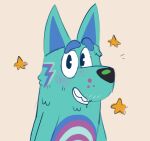2023 ambiguous_gender anthro blue_body blue_ears blue_eyes blue_fur blue_nose bluey_(series) blush canid canine canis digital_media_(artwork) domestic_dog fan_character fur looking_at_viewer mammal multicolored_body multicolored_fur orange_background pie_cut_eyes purple_body purple_fur shaibey simple_background smile solo standing star teeth