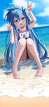  1girl absurdres ahoge arms_up beach black_one-piece_swimsuit blue_hair blurry blurry_background blush character_name chromatic_aberration day double_v film_grain full_body green_eyes hair_between_eyes highres horizon izumi_konata knees_together_feet_apart long_hair lucky_star mole mole_under_eye ocean one-piece_swimsuit open_mouth outdoors school_swimsuit sitting smile solo sunlight swimsuit toenails toes v water yaki_tai 