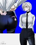  absurdres artist_name ass black_pants breasts chainsaw_man charm_(object) earrings eyepatch highres jewelry manicure nail_polish necktie pants quanxi_(chainsaw_man) shirt_tucked_in smoking suit tobacco white_hair zwei_illust 
