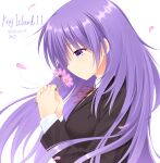  1girl angel_beats! blue_eyes closed_mouth flower highres holding holding_flower irie_miyuki long_hair otou_(otou_san) purple_eyes purple_hair red_ribbon ribbon school_uniform shirt sleeves_rolled_up smile solo 