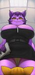 ambiguous_gender anthro biped breasts camel_toe chelodoy cleavage clothed clothing domestic_cat duo felid feline felis female hair hi_res low-angle_view mammal orange_eyes purple_body purple_hair yellow_sclera