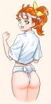  1girl :d absurdres ass bow clenched_hand from_behind fundoshi green_eyes highres japanese_clothes kuppipi_ramutarou looking_at_viewer looking_back natsuumi_manatsu open_mouth orange_hair pink_background ponytail precure shirt simple_background smile solo standing tropical-rouge!_precure white_shirt yamakasa yellow_bow 