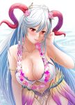  1girl amezuku armlet bare_shoulders bikini blush breasts cleavage collarbone fire_emblem fire_emblem_heroes flower flower_necklace freyja_(fire_emblem) freyja_(summer)_(fire_emblem) goat_horns grey_hair hair_between_eyes hair_flower hair_ornament highres horns large_breasts lei long_hair looking_at_viewer ocean official_alternate_costume red_eyes smile solo swimsuit twitter_username upper_body very_long_hair 