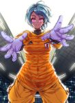  1girl adidas ahoge character_request goalkeeper highres jazz_kawa_sodom jikkyou_powerful_soccer orange_pants orange_shirt pants shirt solo sportswear stadium turtleneck 