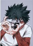  1boy absurdres artist_name black_hair boku_no_hero_academia burn_scar camera cheek_piercing closed_eyes commentary dabi_(boku_no_hero_academia) grin highres holding holding_camera male_focus multiple_scars scar scar_on_arm scar_on_face sharl0ck shirt smile solo spiked_hair symbol-only_commentary taking_picture upper_body white_shirt 