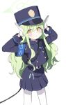  1girl absurdres armband arms_up belt black_belt black_hat black_jacket black_skirt blue_archive blue_armband blush closed_mouth cowboy_shot gloves green_hair green_halo hair_between_eyes halo hat highres hikari_(blue_archive) jacket long_hair long_sleeves nanase_(user_rrgd5857) pantyhose peaked_cap pleated_skirt pointy_ears simple_background skirt solo standing white_background white_gloves white_pantyhose yellow_eyes 