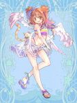  1girl bikini brown_hair cat dairoku_ryouhei feathered_wings flower full_body hair_flower hair_ornament harenochi_hareta medium_hair multiple_wings navel purple_footwear solo swimsuit teeth upper_teeth_only white_wings wings yellow_eyes 