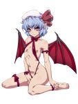  1girl bat_wings blue_hair breasts hat hat_ribbon highres mob_cap navel ootsuki_wataru pointy_ears red_eyes red_ribbon remilia_scarlet ribbon short_hair simple_background sitting slingshot_swimsuit slit_pupils small_breasts smile solo swimsuit thong touhou wariza white_background white_headwear wings 