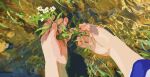  1girl asirpa flower gkyoyo00 golden_kamuy hand_focus highres holding holding_flower leaf nature outdoors pov water white_flower 