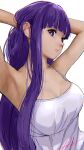  1girl absurdres armpits arms_behind_head arms_up blunt_bangs breasts bright_pupils camisole cleavage commentary_request eyelashes fern_(sousou_no_frieren) highres hylran0427 large_breasts lips long_hair looking_at_viewer nose parted_lips profile purple_eyes purple_hair sidelocks signature simple_background solo sousou_no_frieren spaghetti_strap straight_hair upper_body very_long_hair white_background white_camisole white_pupils 