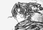  1boy arknights chinese_commentary chong_yue_(arknights) closed_mouth commentary_request floating_hair grey_background greyscale hair_intakes highres looking_ahead male_focus monochrome no_horns portrait scarf shishan979_(seleneebai) short_hair sketch solo 