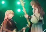  2girls absurdres bang_dream! bang_dream!_it&#039;s_mygo!!!!! black_dress blue_eyes brown_hair chihaya_anon chinese_commentary closed_mouth commentary_request dress fang grey_eyes guitar highres holding holding_guitar holding_instrument instrument long_hair looking_at_another multiple_girls muonrei00 music nagasaki_soyo open_mouth pink_hair playing_instrument see-through see-through_sleeves sidelocks skirt stage_lights sweater teeth upper_teeth_only white_skirt white_sweater 