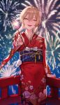  1girl absurdres aerial_fireworks blonde_hair bridge fireworks floral_print genshin_impact highres japanese_clothes kimono lumine_(genshin_impact) mumu914 night night_sky obi one_eye_closed outdoors pink_nails red_kimono sash sky sparkler standing yellow_eyes 