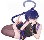  1boy androgynous animal_ear_fluff animal_ears bare_shoulders black_nails black_shirt blue_hair blue_tail blush brown_thighhighs cat_boy cat_ears cat_tail chobonu eyelashes genshin_impact hair_between_eyes hands_up highres looking_at_viewer male_focus multicolored_hair purple_eyes sash scaramouche_(genshin_impact) shadow shirt short_hair short_shorts shorts simple_background sleeveless sleeveless_shirt solo streaked_hair tail thighhighs thighs tongue tongue_out wanderer_(genshin_impact) white_background zettai_ryouiki 