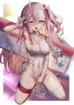  1girl ahegao armpits backpack bag bangs bare_arms bare_hips barefoot blush bow braid breasts clothed_masturbation clothes_pull collarbone covered_navel female_ejaculation female_masturbation fingernails framed fujisaki_eru girls&#039;_frontline groin hair_between_eyes hair_bow hair_ornament hairclip half-closed_eyes hexagram highleg highleg_swimsuit highres holding holding_strap large_breasts long_hair looking_at_viewer masturbation negev_(girls&#039;_frontline) open_mouth pink_eyes pink_hair red_bow side-tie_swimsuit side_ponytail single_thighhigh solo squatting squirting_liquid star_(symbol) star_hair_ornament star_of_david swimsuit thigh_strap thighhighs thighs toenails toes tongue tongue_out visible_ears weapon_bag wet wet_clothes wet_swimsuit white_one-piece_swimsuit 