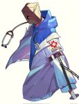  1boy alternate_costume bag blue_hoodie doctor faust_(guilty_gear) glowing glowing_eye guilty_gear guilty_gear_strive highres hood hoodie long_sleeves looking_at_viewer male_focus paper_bag puffy_long_sleeves puffy_sleeves red_eyes simple_background stethoscope upper_body white_hoodie yeji36 