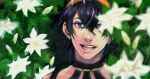  1boy chico0619 flower headband jojo_no_kimyou_na_bouken male_focus narancia_ghirga one_eye_covered open_mouth plant portrait purple_eyes purple_hair short_hair smile solo vento_aureo 