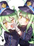  2girls :o armband blue_archive blue_armband blush commentary_request demon_tail gloves green_hair halo hat hikari_(blue_archive) long_hair looking_at_viewer multiple_girls naughty_face nozomi_(blue_archive) open_mouth peaked_cap pointy_ears racer_(magnet) saliva siblings sisters tail tongue tongue_out train_conductor twintails upper_body white_gloves yellow_eyes 