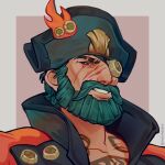 1boy beard bicorne brown_background eyepatch facial_hair green_eyes green_hair hat looking_at_viewer male_focus mature_male momo-deary mustache pirate_hat scar scar_across_eye simple_background solo tattoo two-tone_background upper_body white_background 