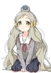  1girl :&lt; animal_on_head bird bird_on_head black_skirt blush character_name collar collarbone dot_nose flat_chest fluffy_hair grey_shirt handa_roco hands_on_ground idolmaster idolmaster_million_live! idolmaster_million_live!_theater_days junior_high_schoolmate_(idolmaster) kuresuku_(lessons) light_brown_hair long_hair long_sleeves looking_at_viewer neck_ribbon official_alternate_costume on_head own_hands_together parted_bangs pigeon pleated_skirt red_ribbon ribbon school_uniform serafuku shirt simple_background sitting skirt solo twintails very_long_hair wariza wavy_hair white_background white_collar yellow_eyes yellow_ribbon 