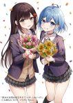  2girls ahoge artist_name black_choker black_eyes black_hair black_socks blue_eyes blue_hair blush bouquet breasts brown_sweater choker collarbone commentary_request confetti copyright_name copyright_notice danjo_no_yuujou_wa_seiritsu_suru? diagonal-striped_clothes diagonal-striped_necktie flower grey_skirt hair_flower hair_ornament head_tilt highres holding holding_bouquet jacket large_breasts long_hair long_sleeves looking_at_viewer miniskirt multiple_girls necktie official_art parted_lips parum39 pleated_skirt purple_jacket raised_eyebrows red_necktie school_uniform second-party_source shiny_skin shirt short_hair simple_background skirt smile socks standing striped_clothes sunflower sunflower_hair_ornament sweater teeth very_long_hair white_background white_shirt 