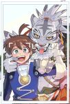 anthro cygames duo felid fur hi_res human kemokemo02091 looking_at_viewer male mammal nimbus_(world_flipper) pantherine photo simple_background size_difference smile tiger tongue white_background white_body white_fur world_flipper