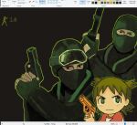  1girl 2boys arrow_(symbol) art_program_in_frame balaclava black_eyes black_jacket blush brown_background closed_mouth commentary commission counter-strike counter-strike_(series) covered_mouth english_commentary english_text fingerless_gloves gloves green_eyes green_gloves green_hair green_outline gun handgun holding holding_gun holding_weapon icon_(computing) jacket koiwai_yotsuba long_sleeves looking_at_viewer looking_up microsoft_paint_(medium) microsoft_paint_(software) multiple_boys no_nose outline parody red_shirt serious shirt short_hair shotgun simple_background t-shirt unfinished upper_body user_interface weapon yotsubato! zukii3_mii 