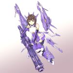  1girl absurdres alice_gear_aegis bare_shoulders breasts brown_eyes brown_hair cannon cleavage closed_mouth clothing_cutout elbow_gloves gloves headgear highres holding holding_weapon ishiyumi large_breasts looking_at_viewer mecha_musume open_mouth short_hair solo suga_itsuri weapon 