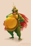 2018 3_toes absurd_res alex_henderson anthro belly big_belly cape claws clothing crocodilian crown donkey_kong_(series) fangs feet gold_(metal) headgear hi_res king_k._rool kremling male navel nintendo overweight reptile scalie small_tail solo tail teeth toes