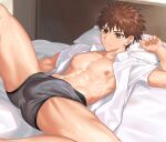  1boy :| bed boxer_briefs brown_eyes brown_hair bulge closed_mouth collarbone commentary_request crotch_seam dress_shirt erection erection_under_clothes expressionless facing_viewer grey_male_underwear indoors looking_down lying male_focus male_underwear navel nayoshi_(r-744) nipples no_pants on_back on_bed open_clothes open_shirt original paid_reward_available pectorals pillow shirt short_hair short_sleeves solo spiked_hair spread_legs toned toned_male underwear variant_set white_shirt 