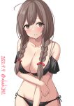  1girl ahoge akahi242 bare_arms bare_shoulders bikini black_bikini braid breasts brown_eyes brown_hair cleavage collarbone dated groin hair_between_eyes highres kantai_collection large_breasts long_hair one-hour_drawing_challenge shinshuu_maru_(kancolle) simple_background solo swimsuit twin_braids twitter_username upper_body white_background 