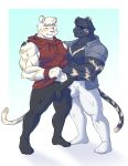 absurd_res anthro anthro_on_anthro biped blue_eyes blush blush_lines clothed clothing duo erection eyebrows felid fingers hi_res male male/male mammal muscular muscular_anthro muscular_male one_eye_closed pantherine smile tail tiger witherrose1