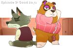 2024 animal_crossing anthro balls belly booker_(animal_crossing) brown_body canid canine canis clothing dobie_(animal_crossing) domestic_dog duo genitals haxsmack hi_res male mammal mature_male nintendo overweight overweight_male penis shirt sitting topwear