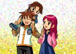  1girl 2boys absurdres age_difference aged_down asayanen bracelet brown_eyes carrying_over_shoulder child dress hair_between_eyes hair_ornament hairpin highres hub_hikari_(mega_man) jewelry lan_hikari_(mega_man) long_hair long_sleeves mayl_sakurai_(mega_man) mega_man_(series) mega_man_battle_network_(series) multiple_boys official_style one_eye_closed pink_hair shoes sidelocks smile spiked_hair teeth upper_teeth_only 