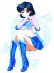  1girl back_bow bishoujo_senshi_sailor_moon blue_bow blue_bowtie blue_choker blue_eyes blue_footwear blue_hair blue_sailor_collar blue_skirt boots bow bowtie choker circlet earrings elbow_gloves gloves heart heart_hands high_heel_boots high_heels highres jewelry magical_girl mizuno_ami pirochi sailor_collar sailor_mercury sailor_senshi_uniform short_hair skirt solo white_gloves 