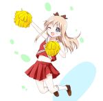  1girl arm_up bare_shoulders blonde_hair blush brown_footwear cheerleader commentary_request jumping long_hair looking_at_viewer mearian midriff one_eye_closed open_mouth pleated_skirt pom_pom_(cheerleading) red_skirt skirt sleeveless solo toshinou_kyouko yuru_yuri 