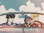  1girl 2boys :o artist_name black_hair blonde_hair blue_eyes blue_shirt brown_eyes brown_hair buddy_daddies car child child_safety_seat cloud driving english_commentary family hand_up hawaiian_shirt headband highres kurusu_kazuki motor_vehicle multiple_boys polka_dot polka_dot_shirt rear-view_mirror red_shirt shirt short_hair suwa_rei tinted_eyewear twitter_username uminoyurei unasaka_miri 